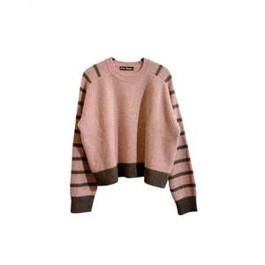 NEW HASSON women's placed stripe shaker plush sweater in pink/brown